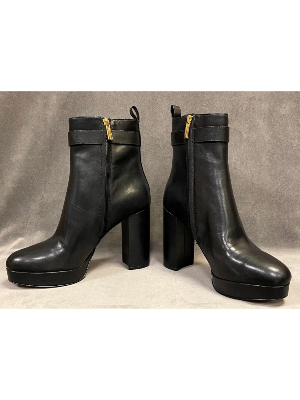 Michael Kors Black Leather Platform Ankle Boots with Gold MK Accent - Picture 8 of 8